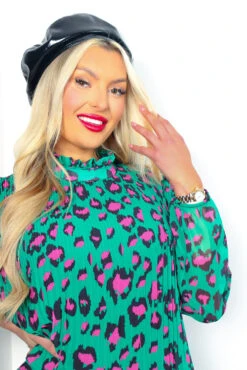 Feeling Feisty - Jade Green Fuchsia Leopard Print Pleated Mini Dress -Fashion Clothing Store FeelingFeisty JadeGreenFuchsiaLeopardPrintPleatedMiniDress 7