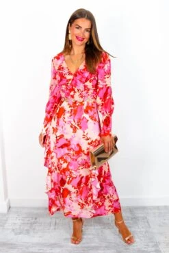 Feeling Flirty - Pink Peach Floral Ruche Detail Ruffle Midi Dress -Fashion Clothing Store FeelingFlirty PinkPeachFloralRucheDetailRuffleMidiDress 5