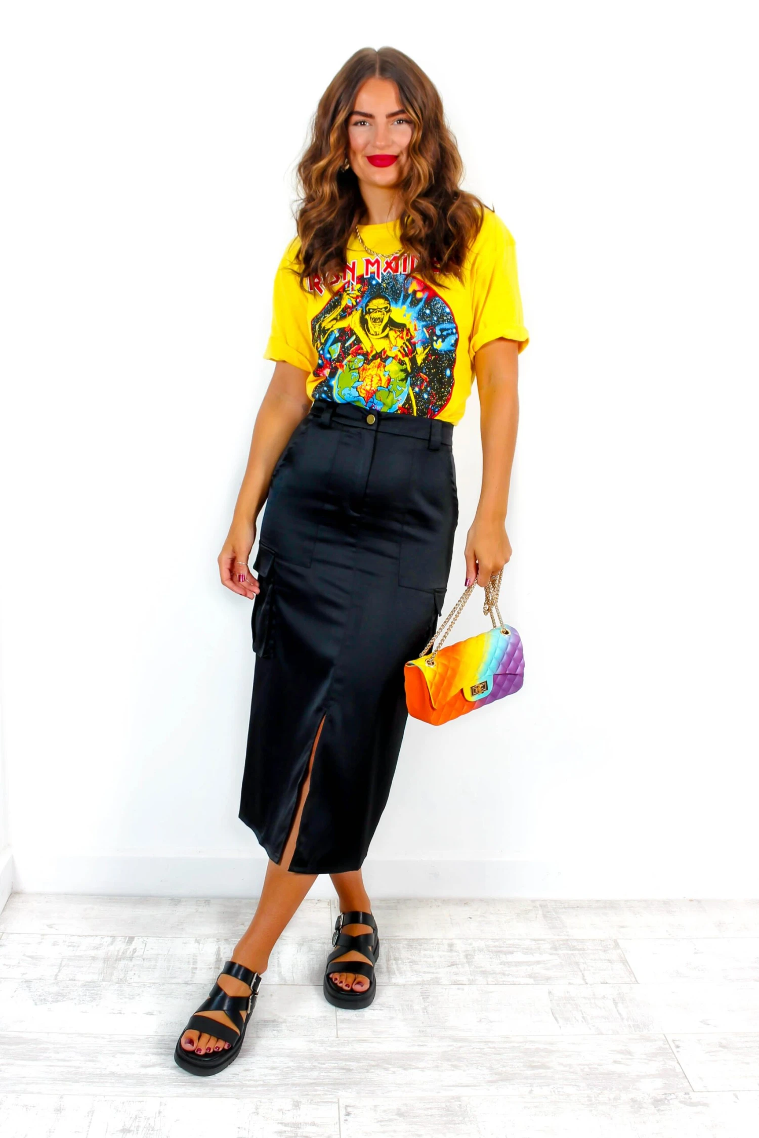 Fight For What You Love - Black Textured Satin Cargo Midi Skirt 1 Fight For What You Love - Black Textured Satin Cargo Midi Skirt