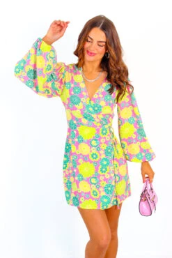 Glamorous First Love - Pink Green Floral Mini Wrap Dress -Fashion Clothing Store FirstLove PinkGreenFloralMiniWrapDress 5