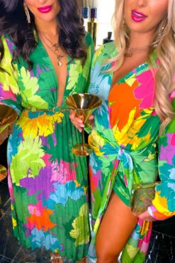 Flirty In Floral - Green Multi Pleated Midi Dress -Fashion Clothing Store Flirty In Floral Green Multi Pleated Midi Dress