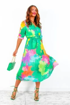 Flirty In Floral - Green Multi Pleated Midi Dress -Fashion Clothing Store FlirtyInFloral GreenMultiPleatedMidiDress 2