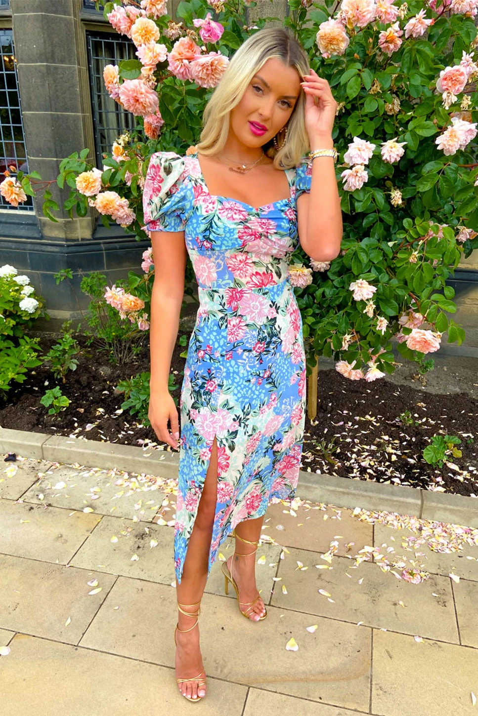 Floral Frenzy - Blue Floral Midi Dress 2 Floral Frenzy - Blue Floral Midi Dress - Image 2