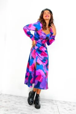 Floral Frenzy - Cobalt Magenta Abstract Midi Dress -Fashion Clothing Store FloralFrenzy CobaltMagentaAbstractMidiDress 1