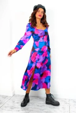 Floral Frenzy - Cobalt Magenta Abstract Midi Dress -Fashion Clothing Store FloralFrenzy CobaltMagentaAbstractMidiDress 3