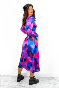 Floral Frenzy - Cobalt Magenta Abstract Midi Dress -Fashion Clothing Store FloralFrenzy CobaltMagentaAbstractMidiDress 4