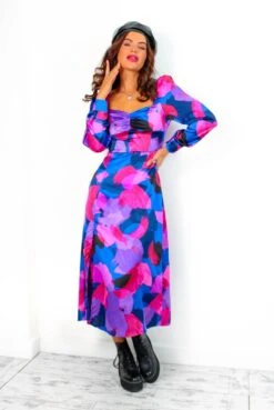 Floral Frenzy - Cobalt Magenta Abstract Midi Dress -Fashion Clothing Store FloralFrenzy CobaltMagentaAbstractMidiDress 5