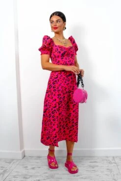 Floral Frenzy - Fuchsia Orange Leopard Midi Dress -Fashion Clothing Store FloralFrenzy FuchsiaOrangeLeopardMidiDress3