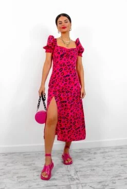 Floral Frenzy - Fuchsia Orange Leopard Midi Dress -Fashion Clothing Store FloralFrenzy FuchsiaOrangeLeopardMidiDress7