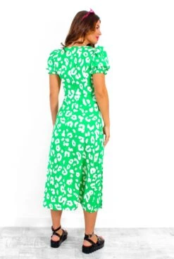 Floral Frenzy - Green Leopard Print Midi Dress -Fashion Clothing Store FloralFrenzy GreenLeopardPrintMidiDress 1