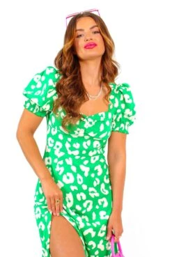 Floral Frenzy - Green Leopard Print Midi Dress -Fashion Clothing Store FloralFrenzy GreenLeopardPrintMidiDress 2