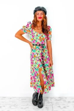 Floral Frenzy - Green Pink Multi Floral Print Midi Dress
