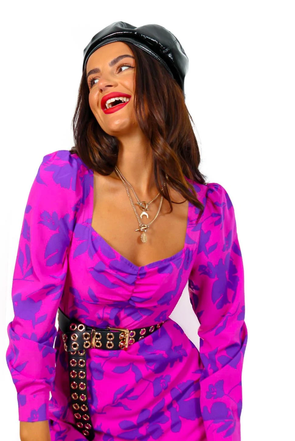 Floral Frenzy - Magenta Purple Floral Midi Dress 2 Floral Frenzy - Magenta Purple Floral Midi Dress - Image 2