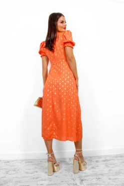 Floral Frenzy - Orange Gold Printed Midi Dress -Fashion Clothing Store FloralFrenzy OrangeGoldPrintedMidiDress 1