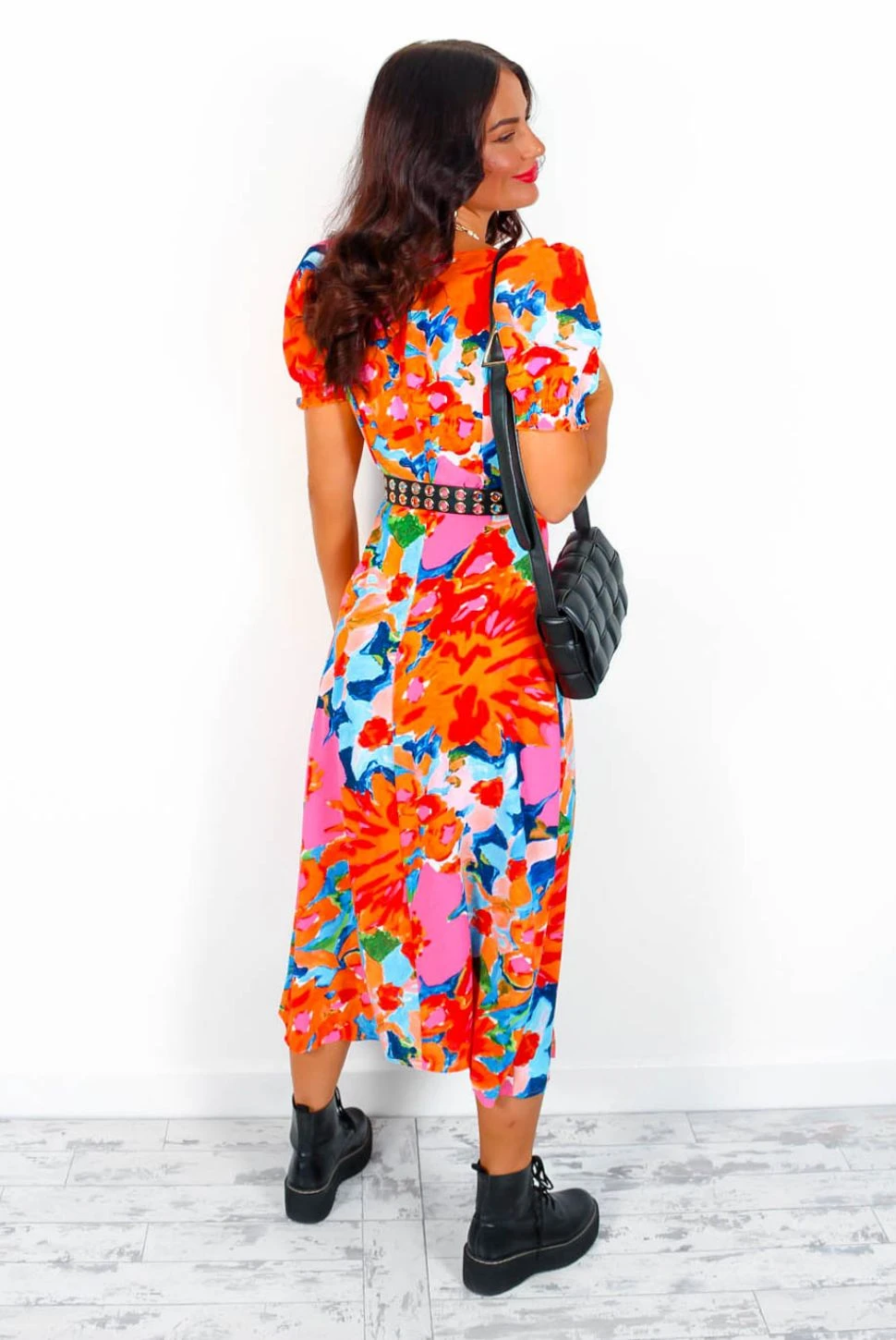 Floral Frenzy - Pink Orange Floral Midi Dress 8 Floral Frenzy - Pink Orange Floral Midi Dress - Image 8