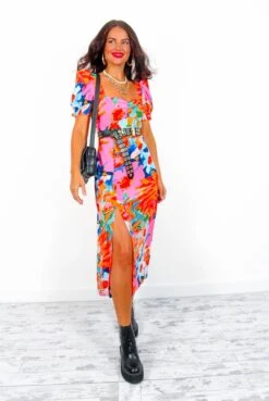 Floral Frenzy - Pink Orange Floral Midi Dress 15 Floral Frenzy - Pink Orange Floral Midi Dress -Fashion Clothing Store FloralFrenzy PinkOrangeFloralMidiDress 4