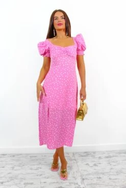 Floral Frenzy - Pink Polka Dot Midi Dress -Fashion Clothing Store FloralFrenzy PinkPolkaDotMidiDress4