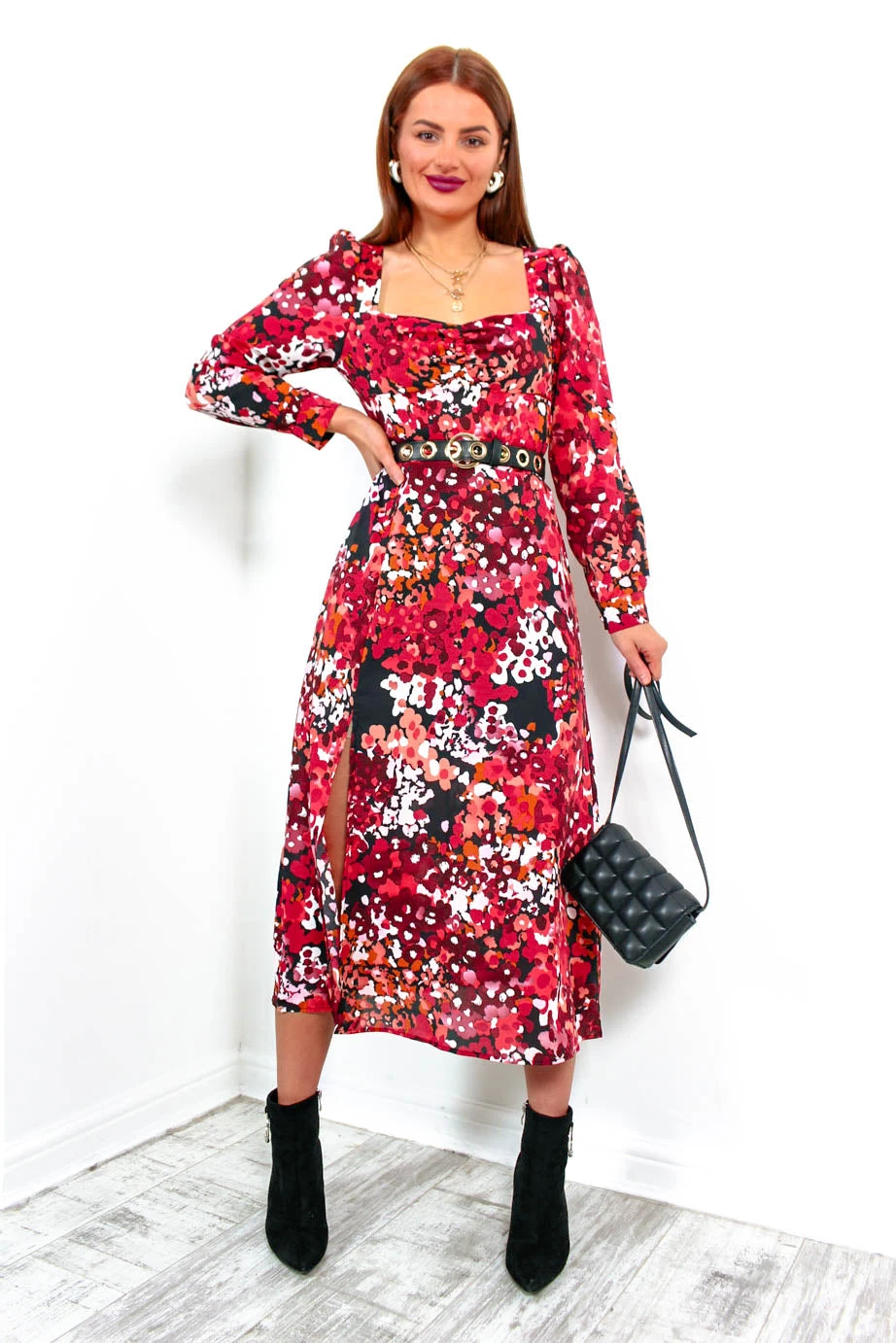 Floral Frenzy - Red Berry Print Midi Dress 4 Floral Frenzy - Red Berry Print Midi Dress - Image 4