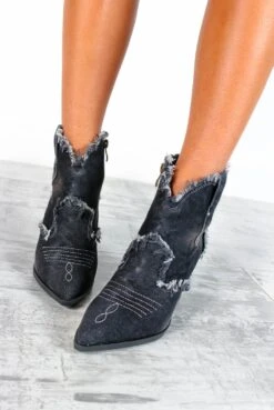 New Arrival 1 Fray Queen - Black Denim Distressed Cowboy Boots