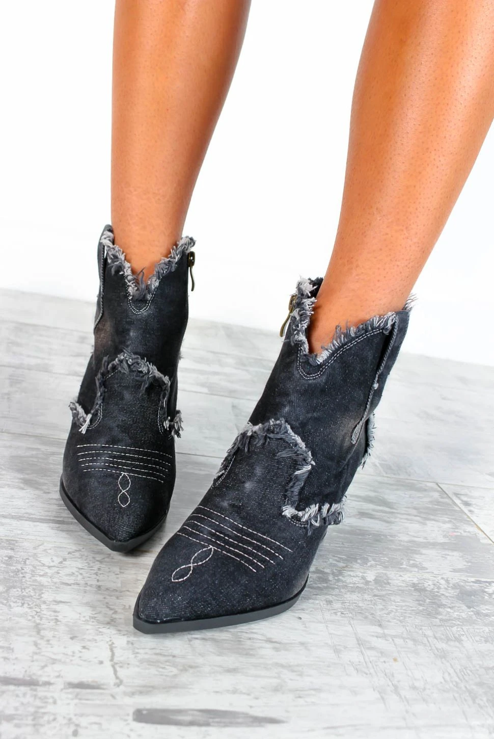 Fray Queen - Black Denim Distressed Cowboy Boots 1 Fray Queen - Black Denim Distressed Cowboy Boots