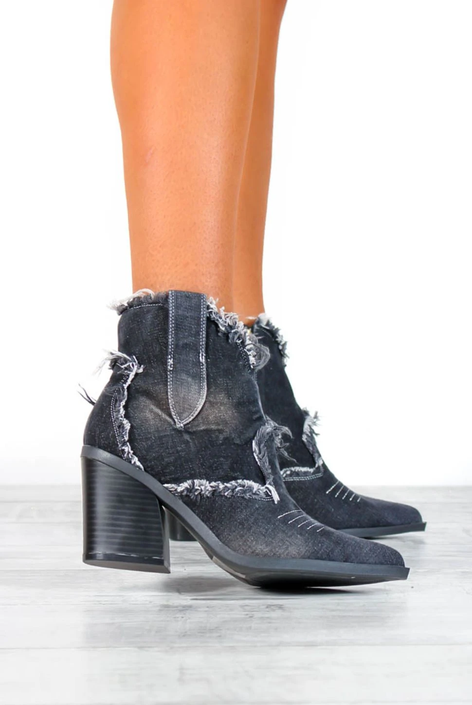 Fray Queen - Black Denim Distressed Cowboy Boots 2 Fray Queen - Black Denim Distressed Cowboy Boots - Image 2