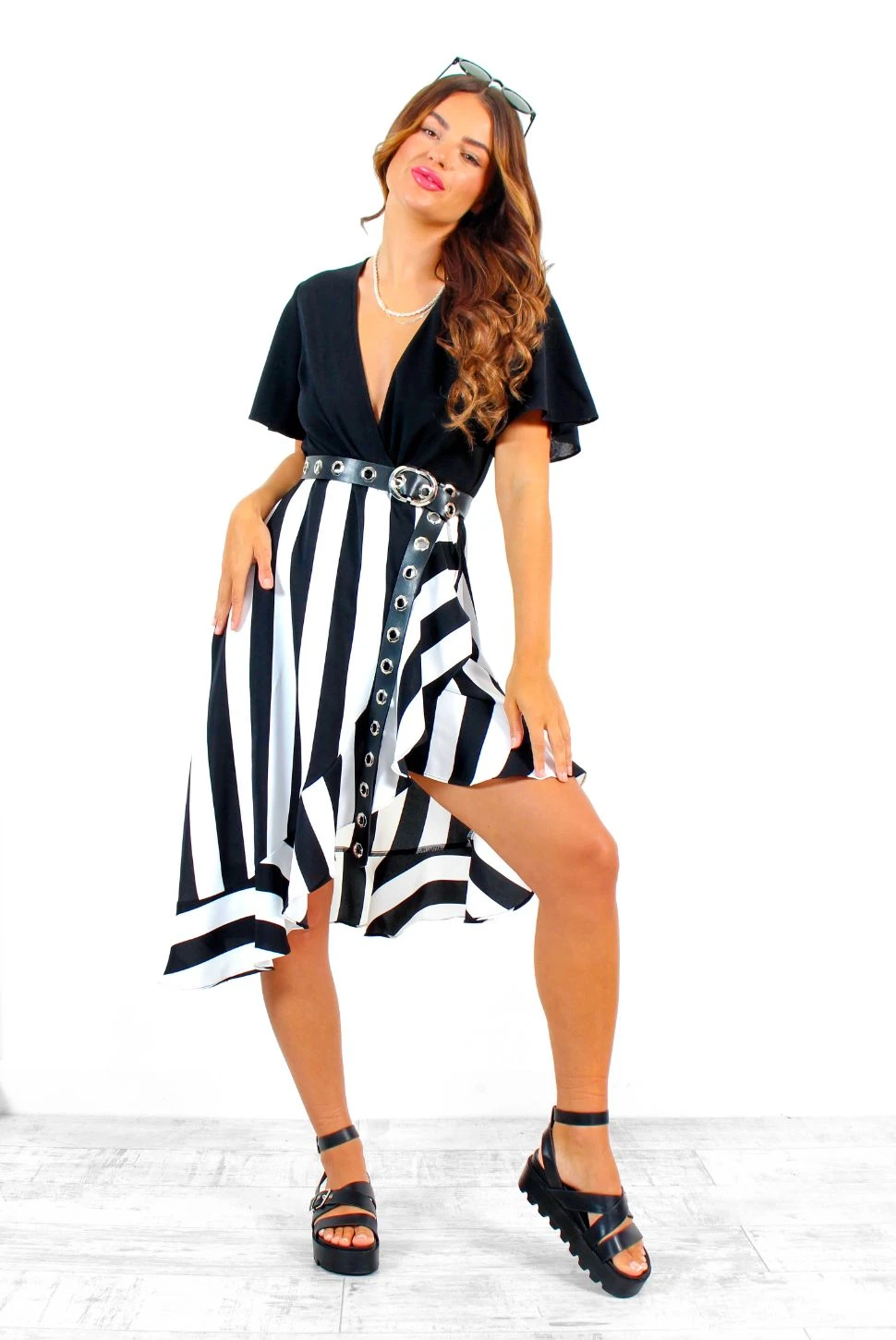 Frilled About Life - Black White Striped Midi Wrap Dress 3 Frilled About Life - Black White Striped Midi Wrap Dress - Image 3