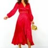 Frilled To Be Here - Red Leopard Jacquard Midi Wrap Dress