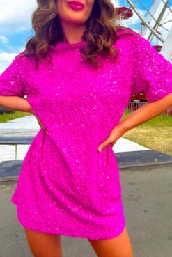 Glow Get It - Pink Sequin Mini T-Shirt Dress -Fashion Clothing Store Glow Get It Pink Sequin Mini T Shirt Dress