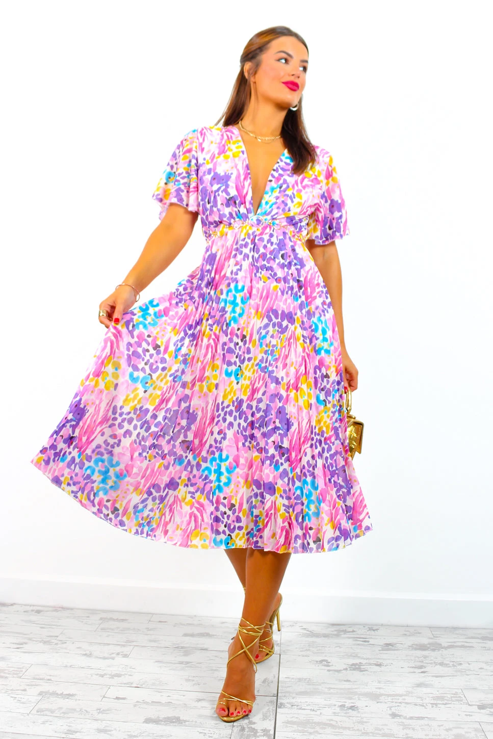 Good For Me - Pink Multi Abstract Print Pleated Midi Dress 1 Good For Me - Pink Multi Abstract Print Pleated Midi Dress