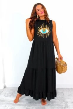 Got My Eye On You - Black Gold Sequin Eye Maxi Dress -Fashion Clothing Store GotMyEyeOnYou BlackGoldSequinEyeMaxiDress 4