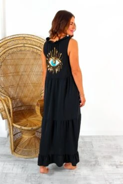 Got My Eye On You - Black Gold Sequin Eye Maxi Dress
