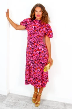 Got The Flower - Fuchsia Orange Leopard Print Midi Dress -Fashion Clothing Store GotTheFlower FuchsiaOrangeLeopardPrintMidiDress 4 2