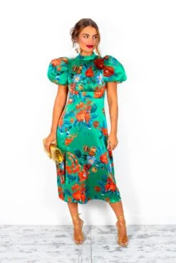 Got The Flower - Green Red Floral Midi Dress -Fashion Clothing Store GotTheFlower GreenRedFloralMidiDress 2