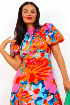 Got The Flower - Pink Orange Floral Midi Dress -Fashion Clothing Store GotTheFlower PinkOrangeFloralMidiDress2