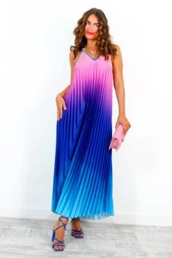 Gotta Let Go - Blue Pink Ombre Pleated Satin Maxi Dress -Fashion Clothing Store GottaLetGo BluePinkOmbrePleatedSatinMaxiDress 4