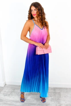 Gotta Let Go - Blue Pink Ombre Pleated Satin Maxi Dress -Fashion Clothing Store GottaLetGo BluePinkOmbrePleatedSatinMaxiDress 5