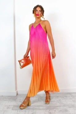 Gotta Let Go - Pink Orange Ombre Pleated Satin Maxi Dress -Fashion Clothing Store GottaLetGo PinkOrangeOmbrePleatedSatinMaxiDress