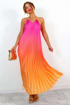 Gotta Let Go - Pink Orange Ombre Pleated Satin Maxi Dress -Fashion Clothing Store GottaLetGo PinkOrangeOmbrePleatedSatinMaxiDress 1