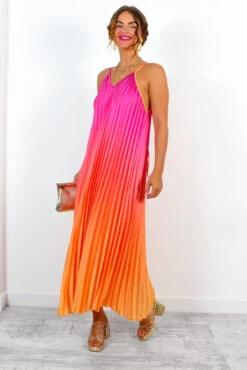 Gotta Let Go - Pink Orange Ombre Pleated Satin Maxi Dress -Fashion Clothing Store GottaLetGo PinkOrangeOmbrePleatedSatinMaxiDress 4