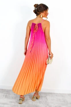 Gotta Let Go - Pink Orange Ombre Pleated Satin Maxi Dress -Fashion Clothing Store GottaLetGo PinkOrangeOmbrePleatedSatinMaxiDress 5