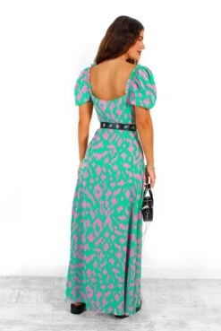Happier Than Ever - Green Pink Animal Print Milkmaid Maxi Dress -Fashion Clothing Store HappierThanEver GreenPinkAnimalPrintMilkmaidMaxiDress6