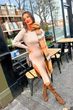 Hard To Find - Beige Ribbed Knit Midi Dress