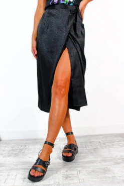 Here For It - Black Leopard Jacquard Midi Wrap Skirt -Fashion Clothing Store HereForIt BlackLeopardJacquardMidiWrapSkirt 3