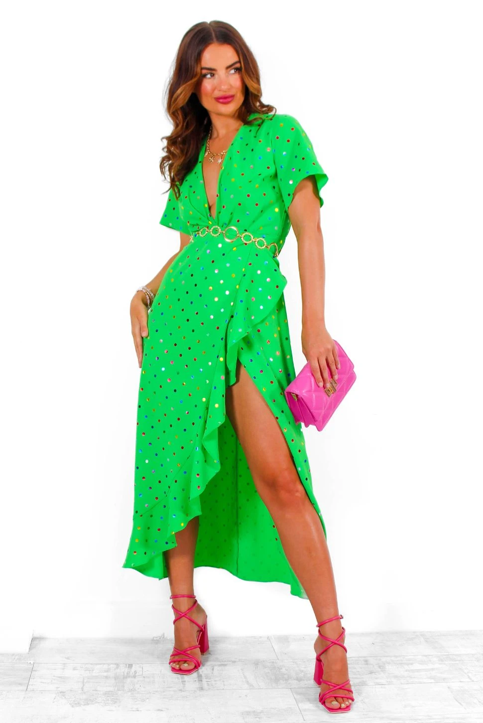 Out Your League - Green Multi Foil Spot Midi Dress 2 Out Your League - Green Multi Foil Spot Midi Dress - Image 2