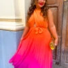Artemis - Pink Orange Ombre Cross-Over Pleated Maxi Dress