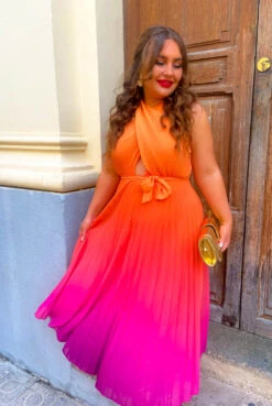 Artemis - Pink Orange Ombre Cross-Over Pleated Maxi Dress