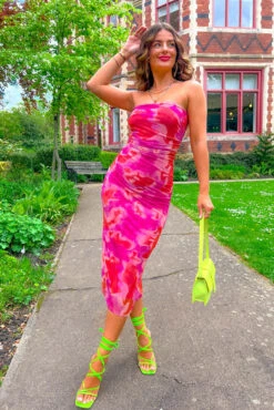 Lost In The Moment - Pink Orange Mesh Bodycon Midi Dress