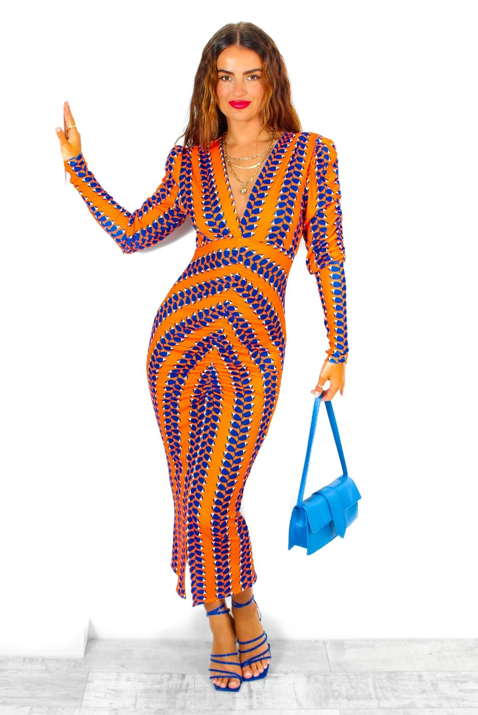 Id Want To Be Me Too - Orange Cobalt Print Plunge Ruched Midi Dress 5 Id Want To Be Me Too - Orange Cobalt Print Plunge Ruched Midi Dress - Image 5
