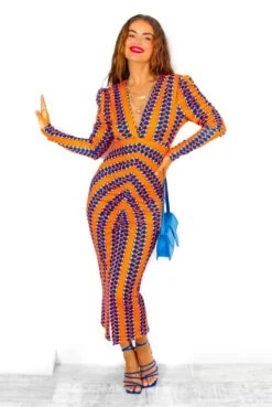 Id Want To Be Me Too - Orange Cobalt Print Plunge Ruched Midi Dress