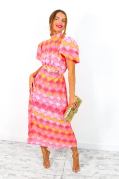 If I Were You - Pink Orange Shell Print Puff Sleeve Midi Dress -Fashion Clothing Store IfIWereYou PinkOrangeShellPrintPuffSleeveMidiDress 1